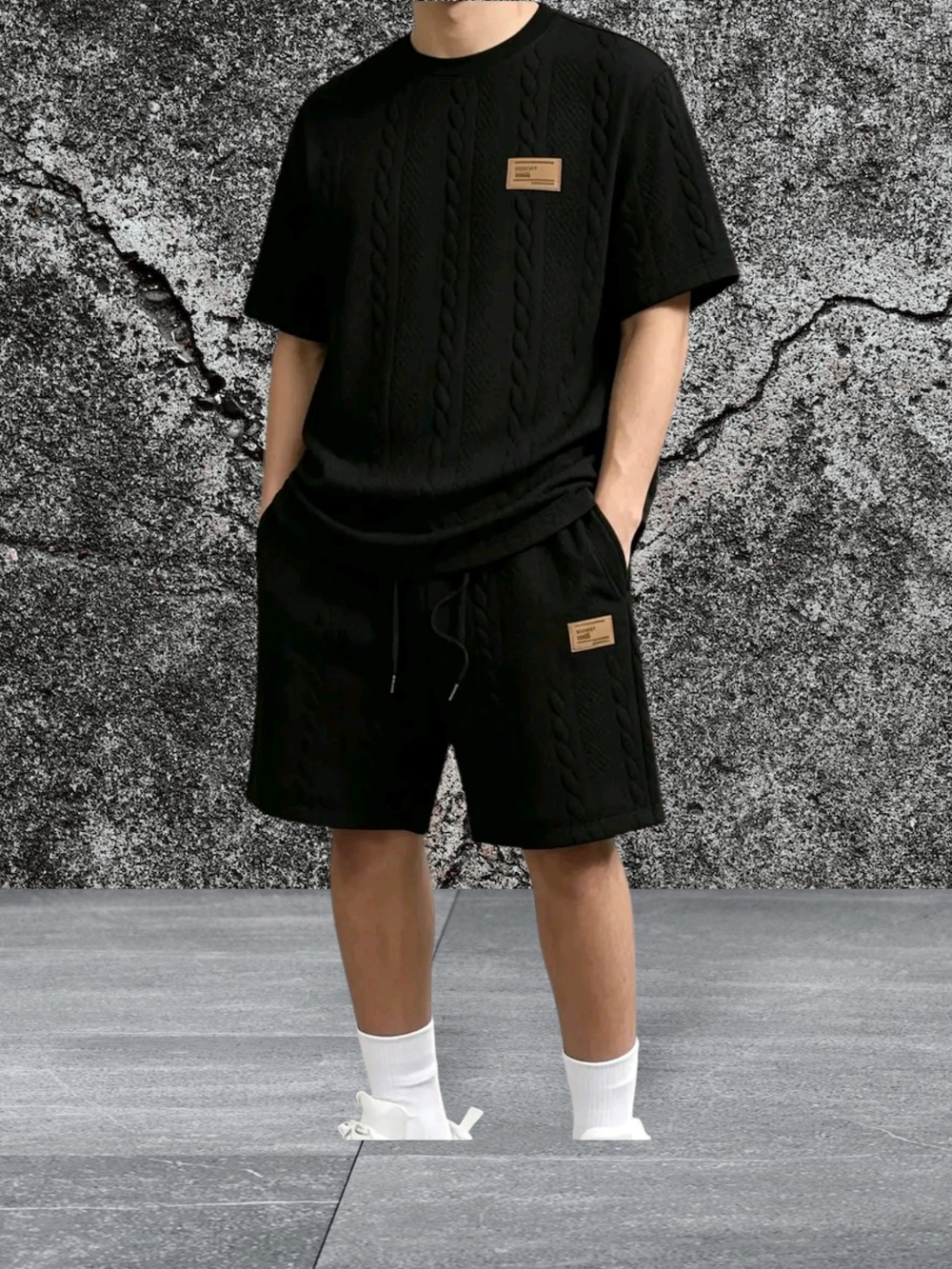 Men's Black Cable-Knit Athletic Drawstring Shorts - Picture 1 of 1